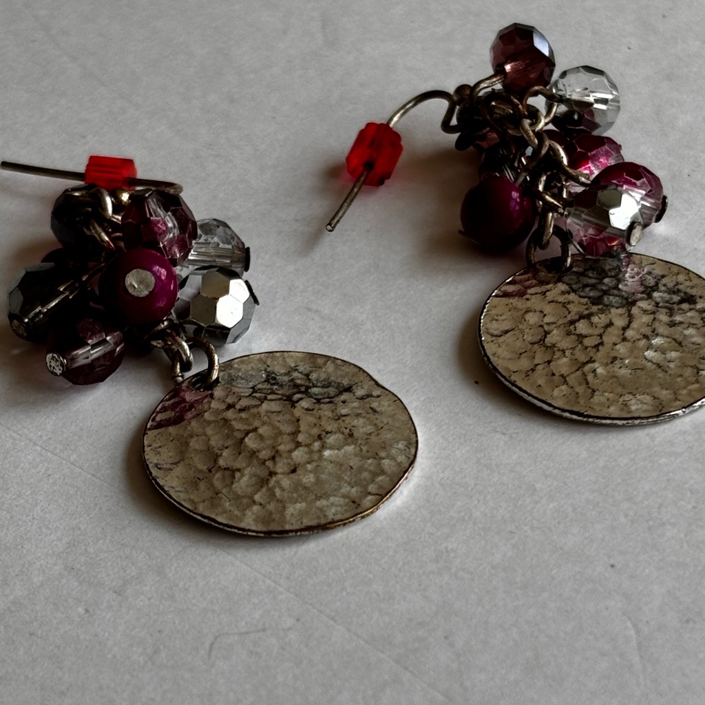 Dangling Silver Tone Earrings Red  Silver Color Beads Hammered Silver Tone